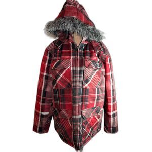 Vurt Red Plaid Mid Length Coat With Faux Fur Trimmed Detachable Hood Size XL